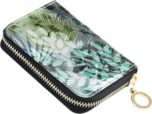 Seamless Exotic Tropical Plants Palm Tree Leaves in Retro StyleGrey Credit Card Coin wallet, RFID Blocking Compact Women Leather Card Holder, Key Change Organizer, Zipper Purse Clutch Pouch