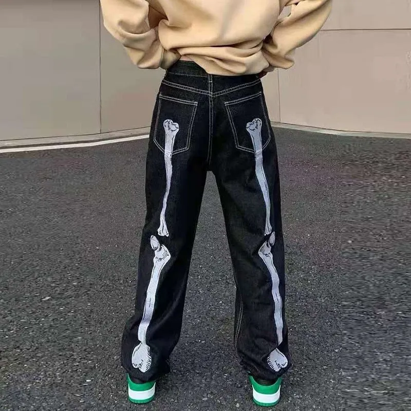 Skull Hand Bone Printed Oversized Denim Jeans