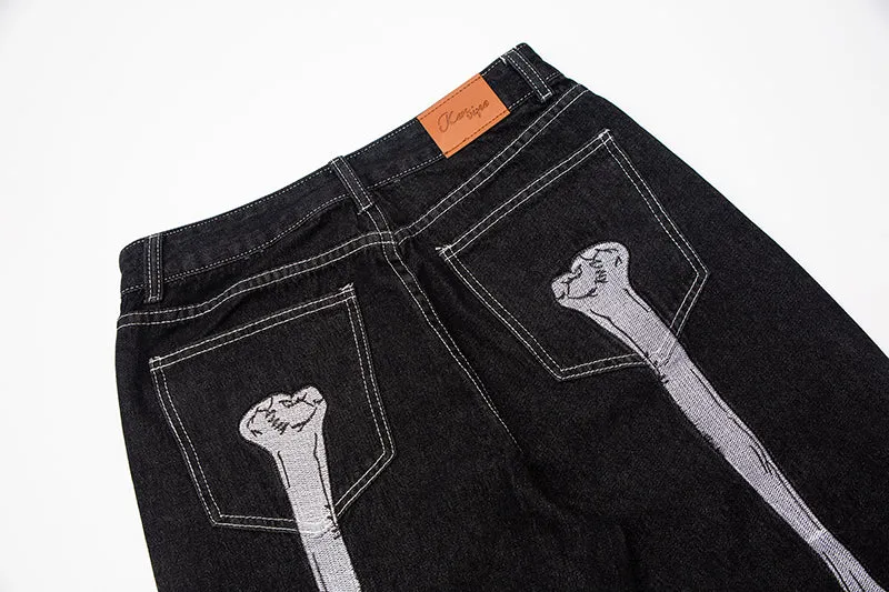 Skull Hand Bone Printed Oversized Denim Jeans