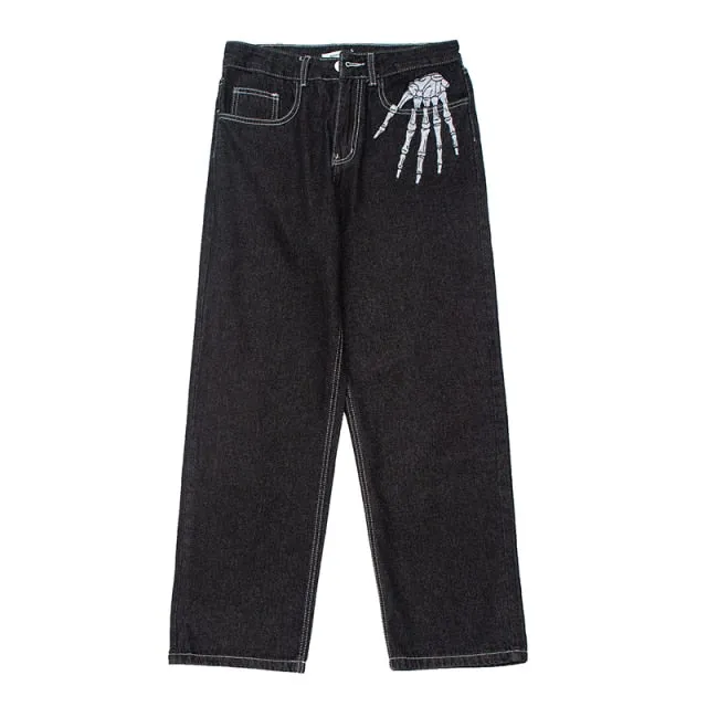 Skull Hand Bone Printed Oversized Denim Jeans
