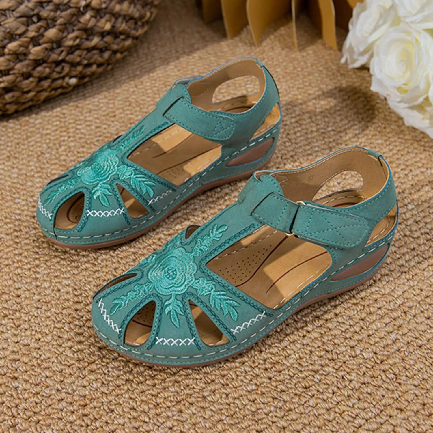Smoneyful Womens Closed Toe Wedge Sandals Ankle Strap Hook Loop for Summer Casual Outdoor Use Platform Gladiator Style