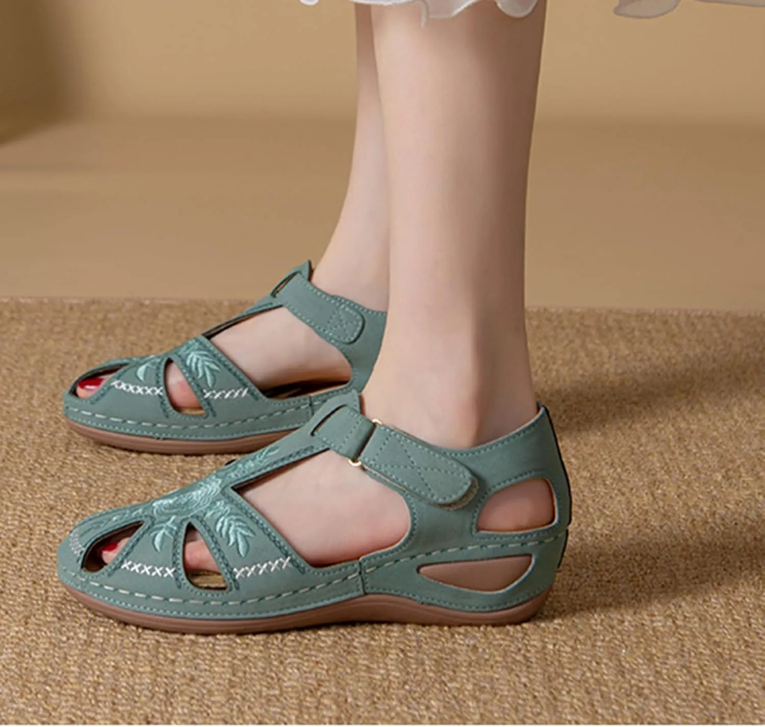 Smoneyful Womens Closed Toe Wedge Sandals Ankle Strap Hook Loop for Summer Casual Outdoor Use Platform Gladiator Style