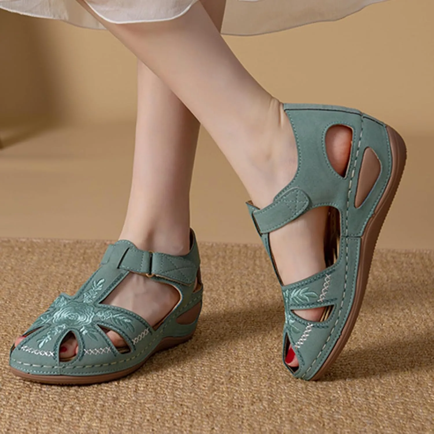 Smoneyful Womens Closed Toe Wedge Sandals Ankle Strap Hook Loop for Summer Casual Outdoor Use Platform Gladiator Style