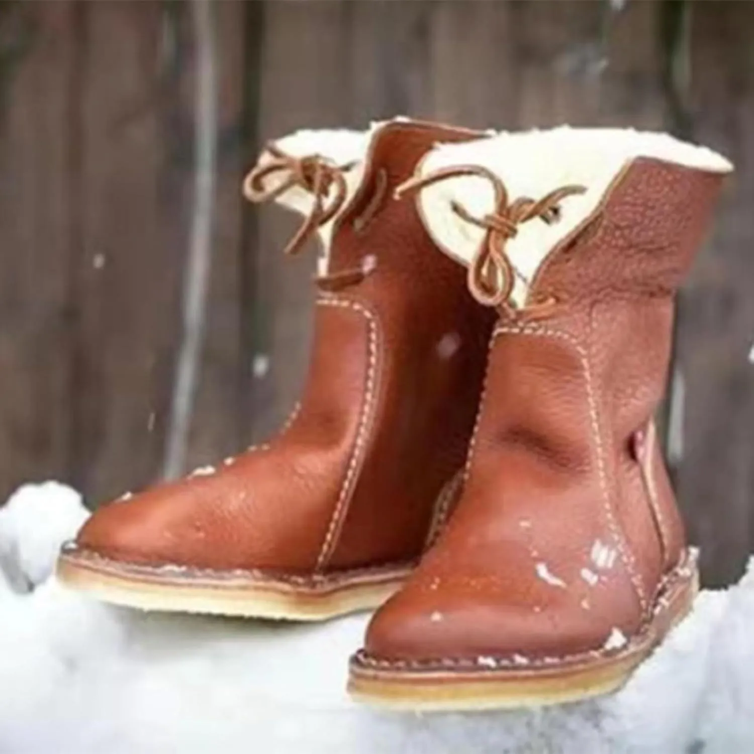 Snow Boots for Women Flat Heel Round Toe Casual Boots Front Lace Up Low Solid Color Large Size Winter Snow Boots