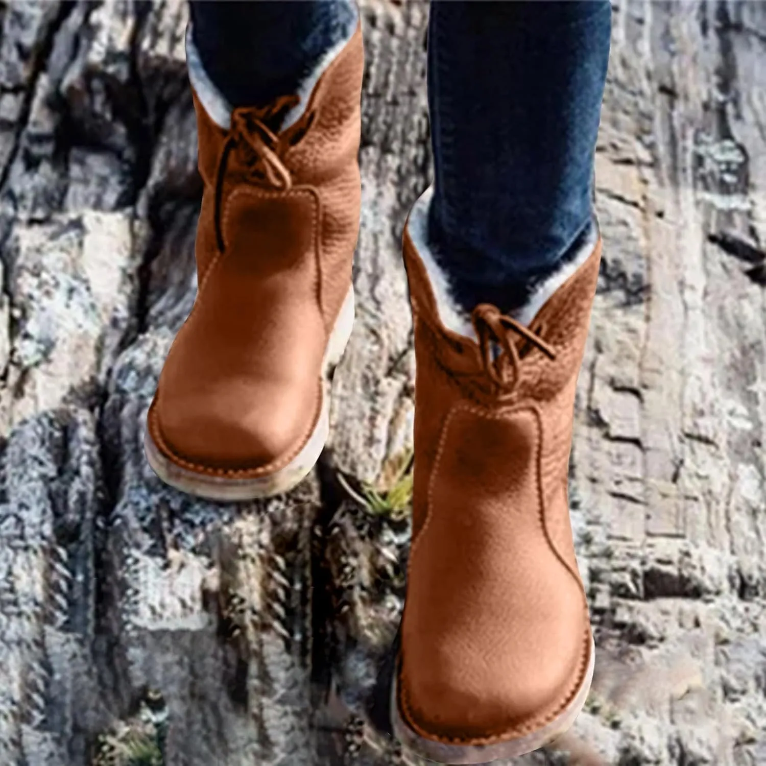 Snow Boots for Women Flat Heel Round Toe Casual Boots Front Lace Up Low Solid Color Large Size Winter Snow Boots