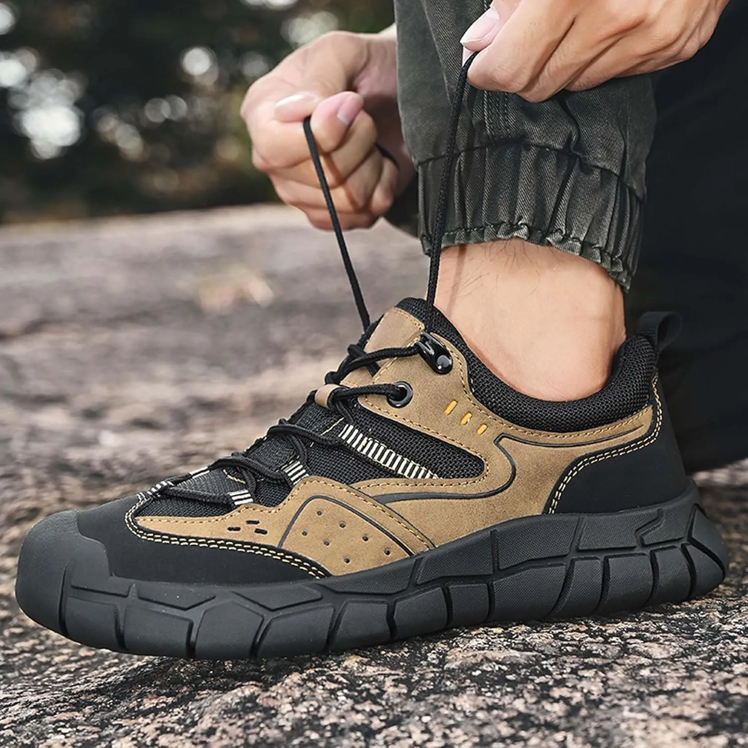 Spring and Autumn Men's Casual Leather Shoes, Breathable Adhesive Shoes, Anti-Collision Walking Shoes, Comfortable Hiking Shoes
