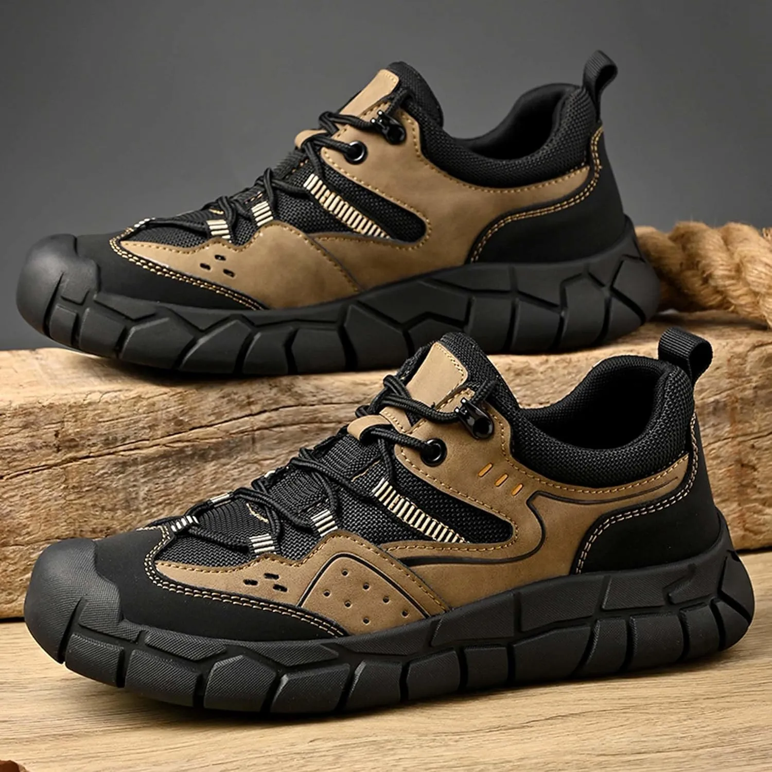 Spring and Autumn Men's Casual Leather Shoes, Breathable Adhesive Shoes, Anti-Collision Walking Shoes, Comfortable Hiking Shoes