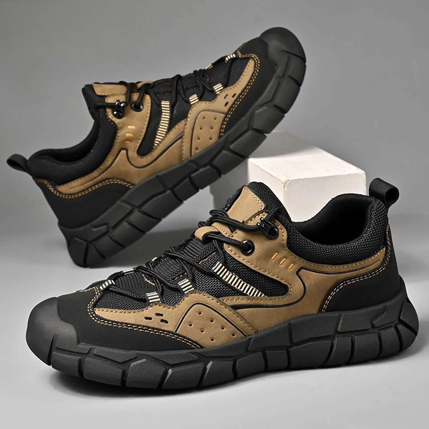 Spring and Autumn Men's Casual Leather Shoes, Breathable Adhesive Shoes, Anti-Collision Walking Shoes, Comfortable Hiking Shoes