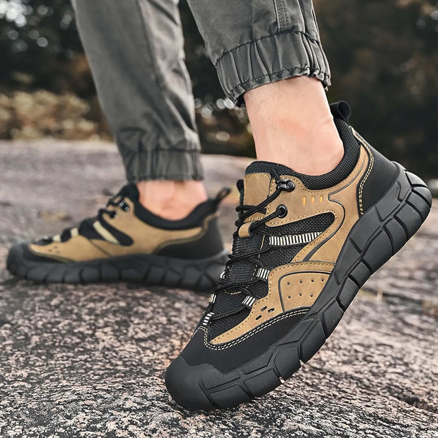 Spring and Autumn Men's Casual Leather Shoes, Breathable Adhesive Shoes, Anti-Collision Walking Shoes, Comfortable Hiking Shoes