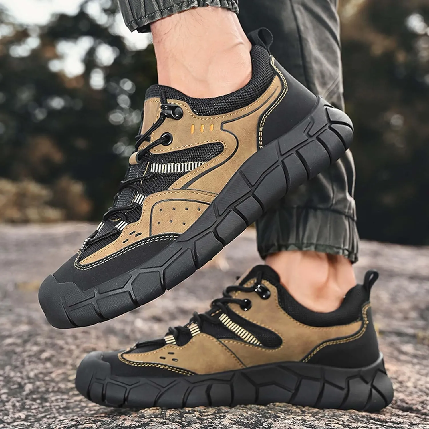 Spring and Autumn Men's Casual Leather Shoes, Breathable Adhesive Shoes, Anti-Collision Walking Shoes, Comfortable Hiking Shoes
