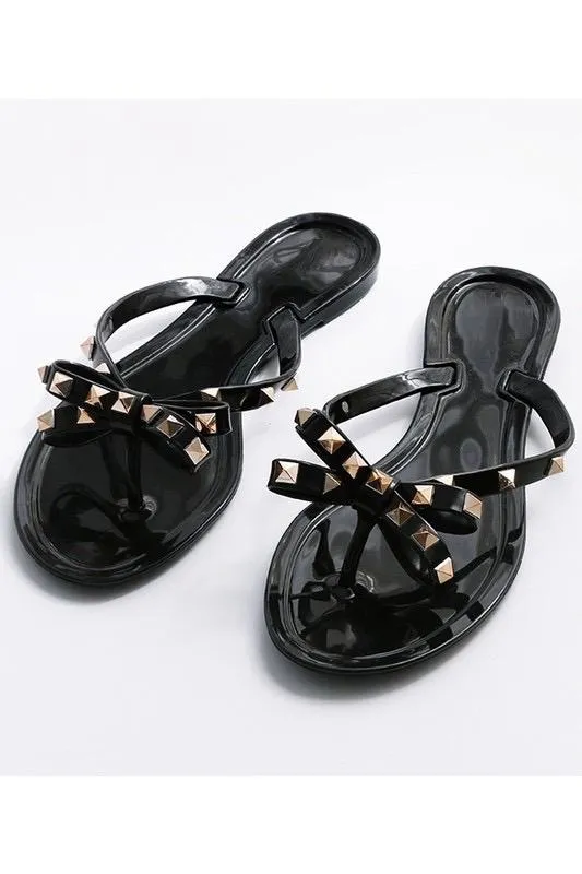 Studded Bow Jelly Thong Sandals