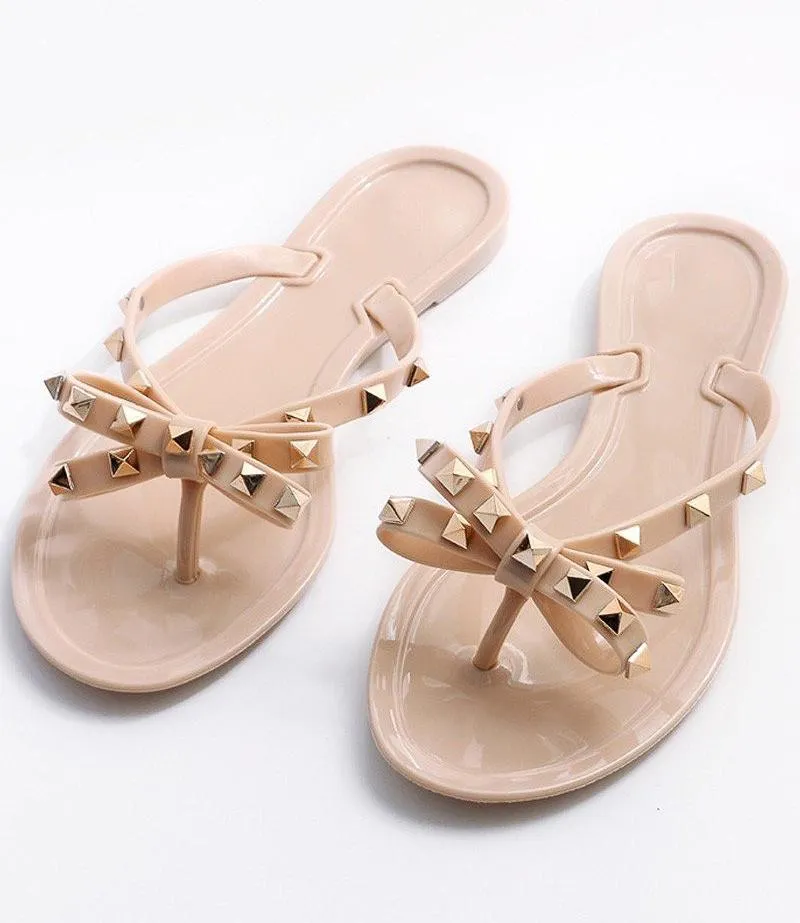 Studded Bow Jelly Thong Sandals
