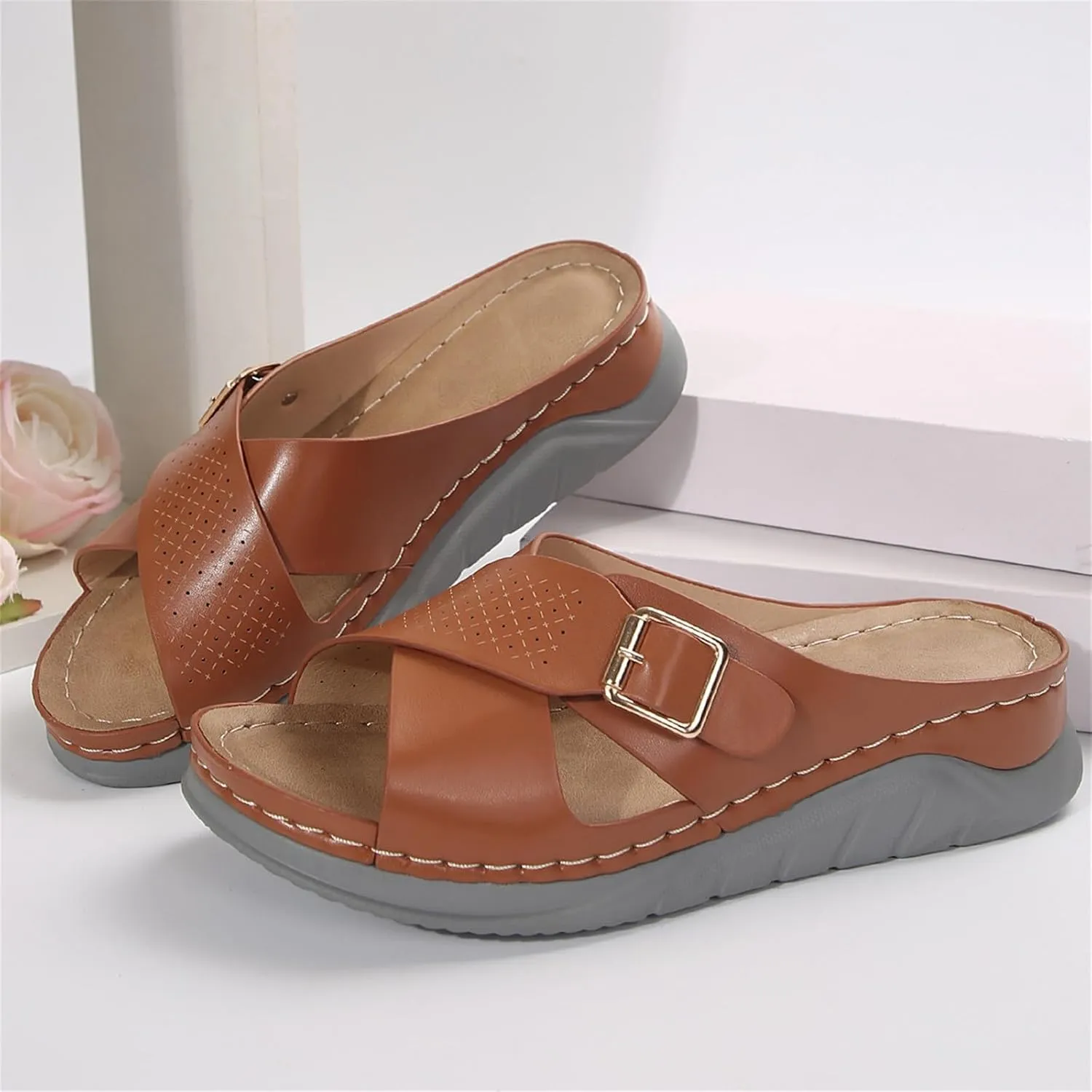 Summer Sandals for Women 2025 Wide Width Orthopedic Sandal Arch Support Walking Beach Boho Platform Slides