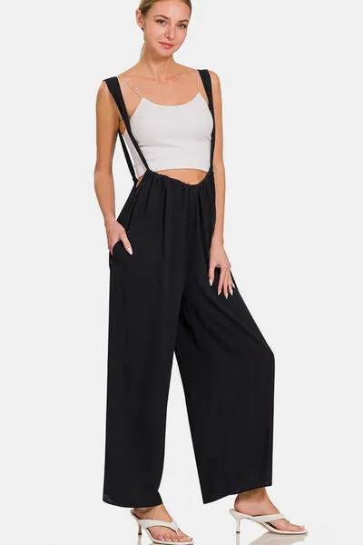 Tie Back Suspender Jumpsuit with Pockets in Black