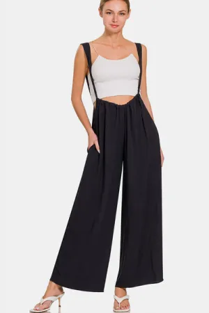 Tie Back Suspender Jumpsuit with Pockets in Black