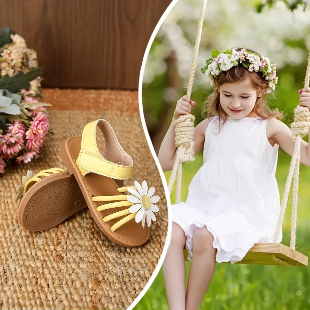 Toddler Girls Sandals Open Toe Summer Flats Flower Girl Dress Shoes for Baby Little Kids