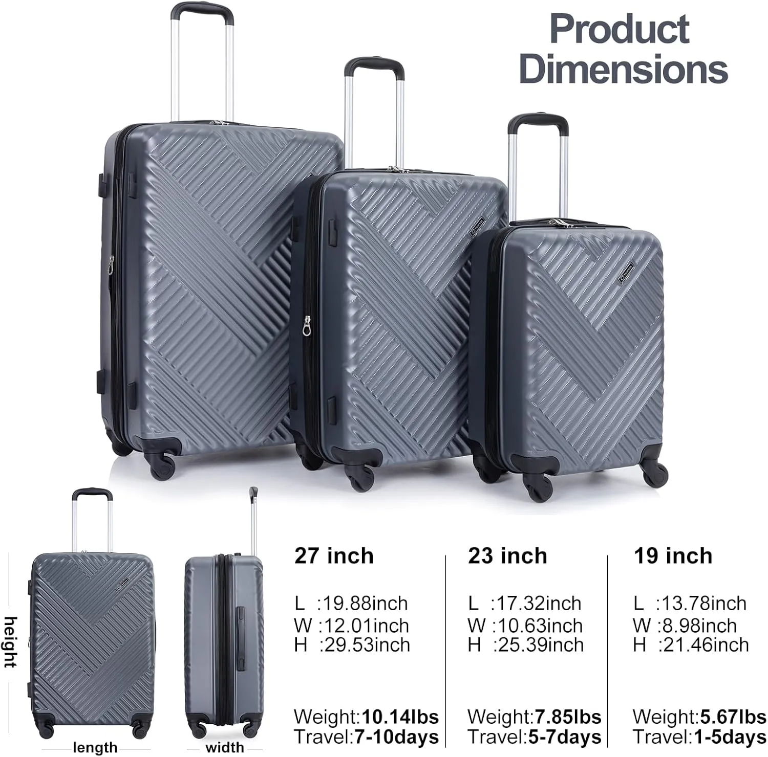 Travelhouse Luggage sets Expandable Suitcase PC 3 Piece Set with Spinner Wheels TSA Lock 21in25in29in (Gray)