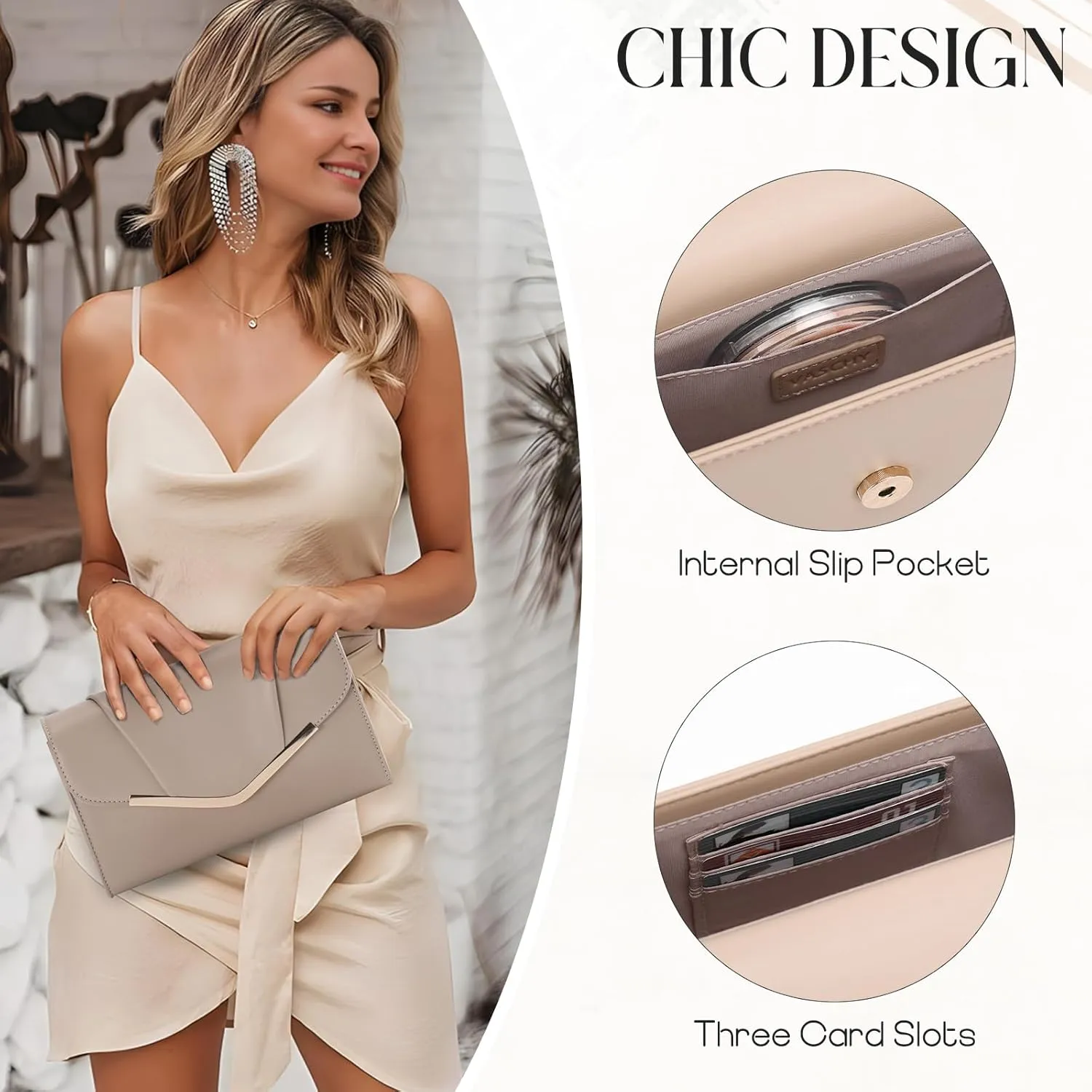VASCHY Clutch Purse for Women,Fashion Envelope Evening Small Formal Handbag Fold-over Crossbody Shoulder Bag Wedding,Party