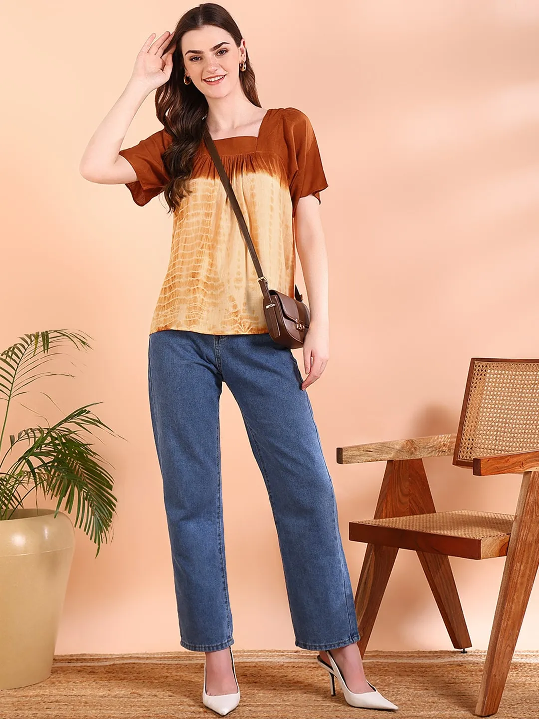 Vibrant Orange Tie-Dye Everywhere Top In Soft Rayon