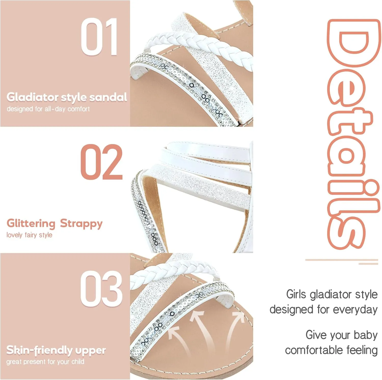 Vonair Girls Gladiator Sandals Cute Strappy Sandals with Zipper Summer Shoes for Little/Big Kids