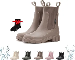 Waterproof Non-Slip Thick Sole Mid-Calf Boots, Ankle Rain Boots for Women Outdoor Garden Elastic Mouth Slip-On Soft Outsole Chelsea Booties
