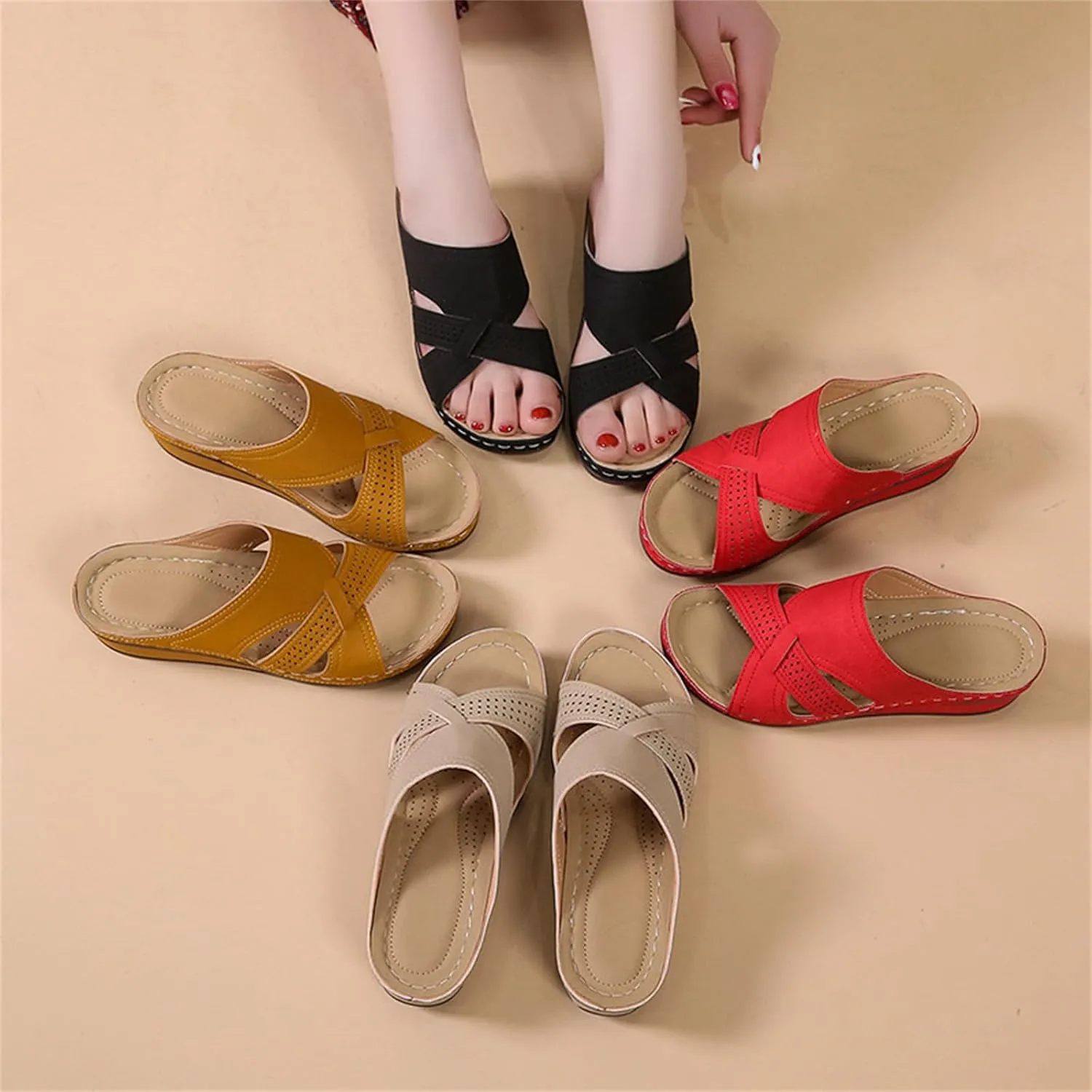 Wedge Sandals for Women Dressy Summer Slippers Low Heel Open Toes Sandals Comfortable Walking Arch support Casual Slip on Summer Shoes
