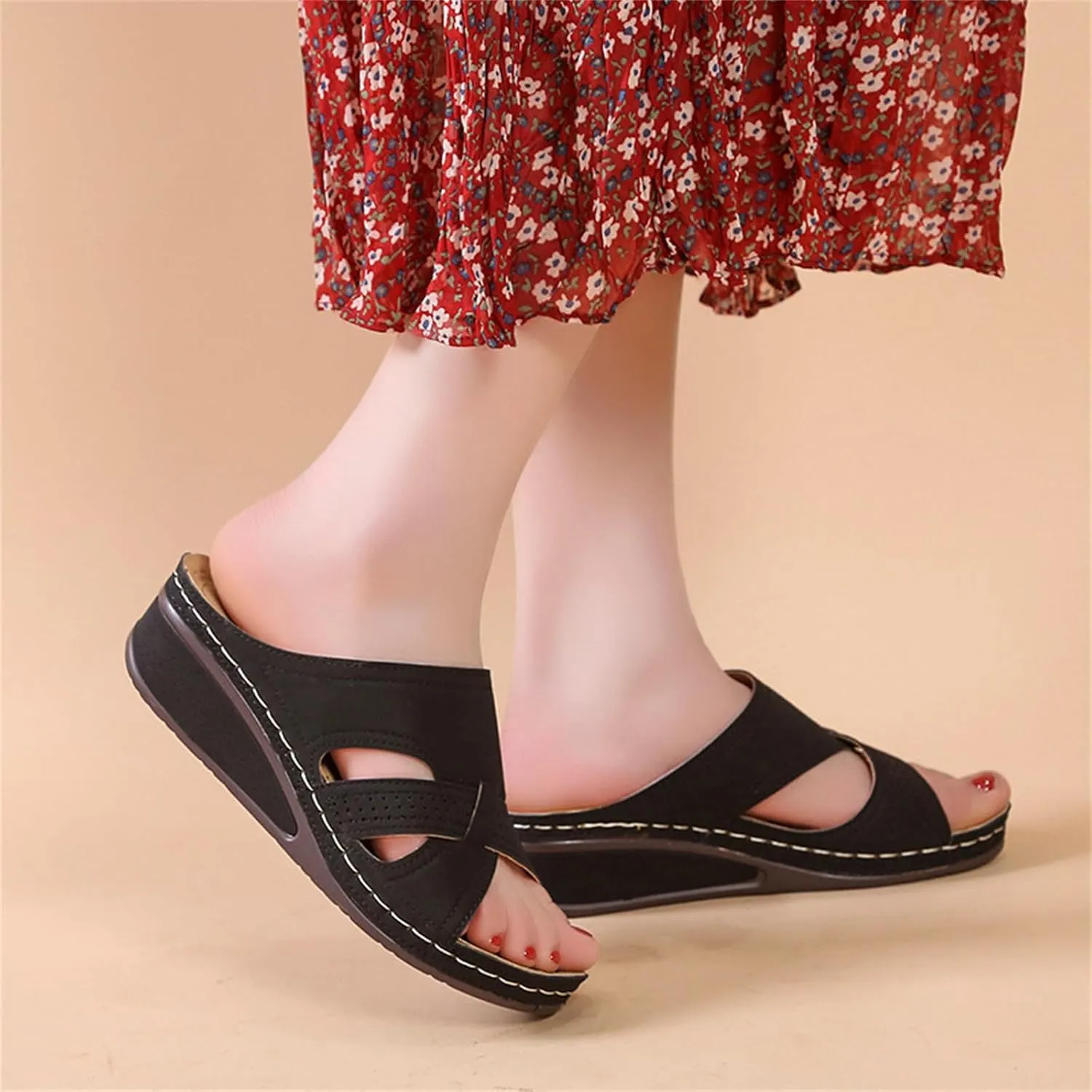 Wedge Sandals for Women Dressy Summer Slippers Low Heel Open Toes Sandals Comfortable Walking Arch support Casual Slip on Summer Shoes