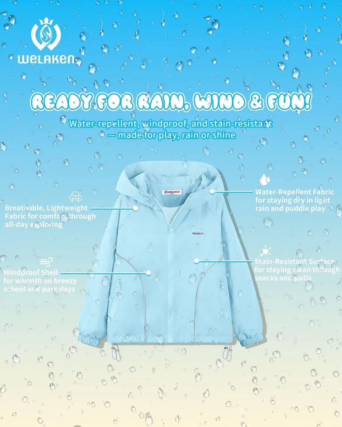 WELAKEN Girls Lightweight Jacket Water-Resistant Windbreaker Hooded Rain Coats with Pockets