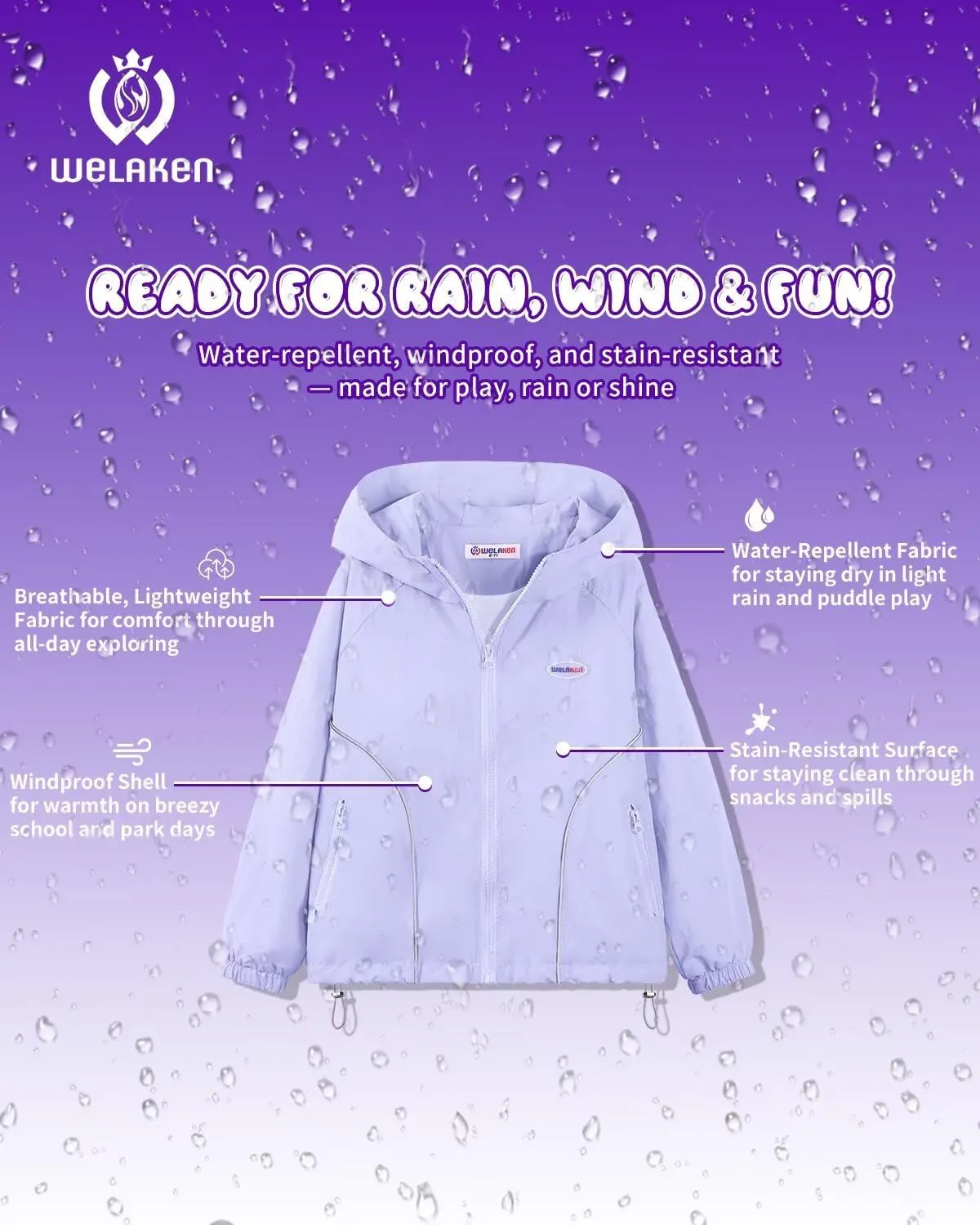 WELAKEN Girls Lightweight Jacket Water-Resistant Windbreaker Hooded Rain Coats with Pockets