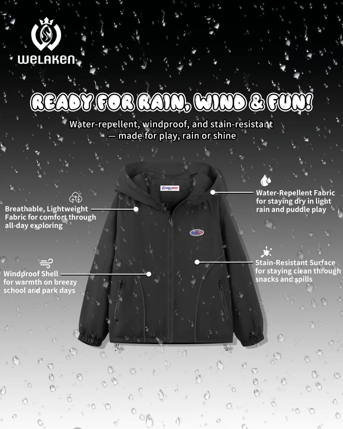 WELAKEN Girls Lightweight Jacket Water-Resistant Windbreaker Hooded Rain Coats with Pockets