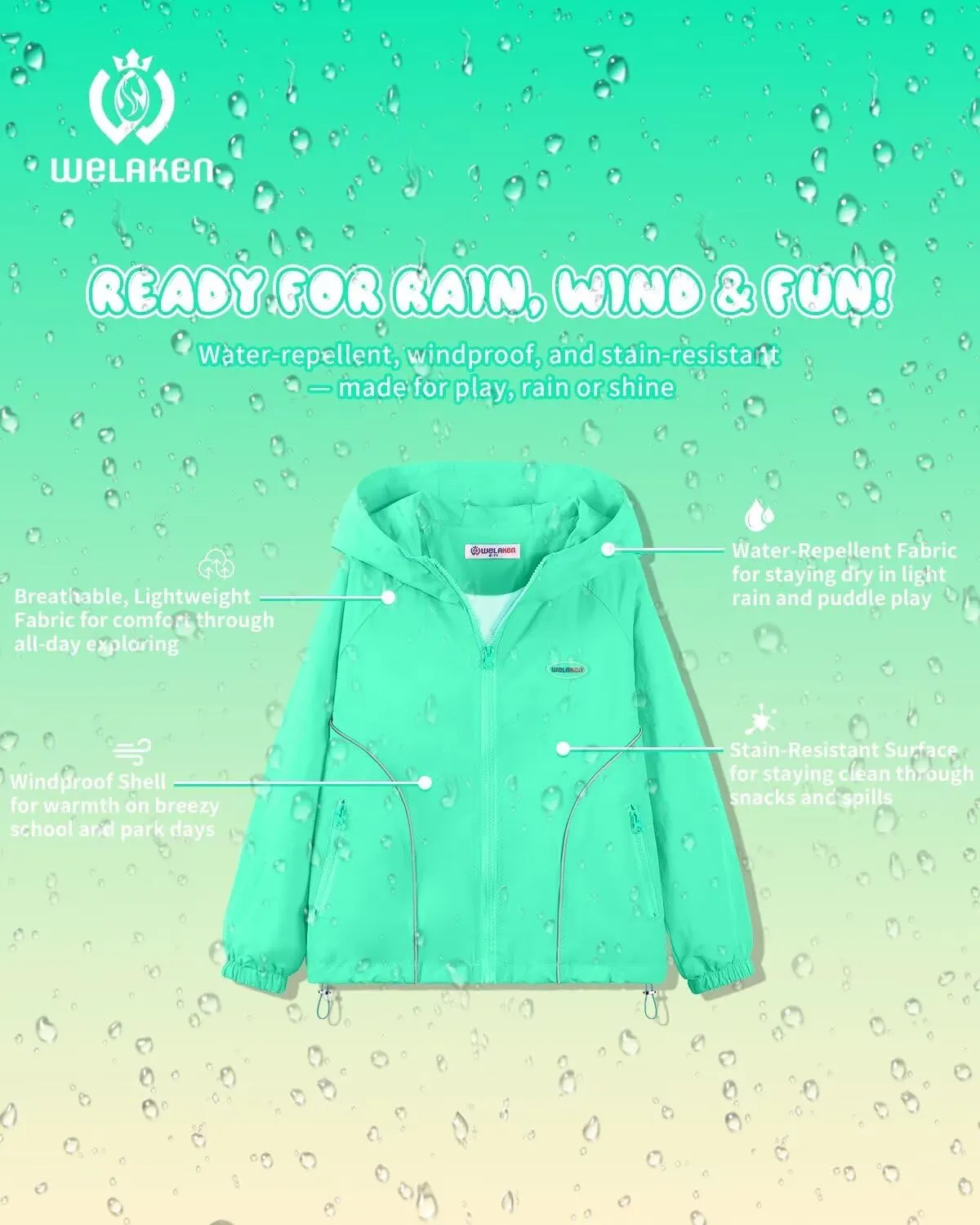 WELAKEN Girls Lightweight Jacket Water-Resistant Windbreaker Hooded Rain Coats with Pockets