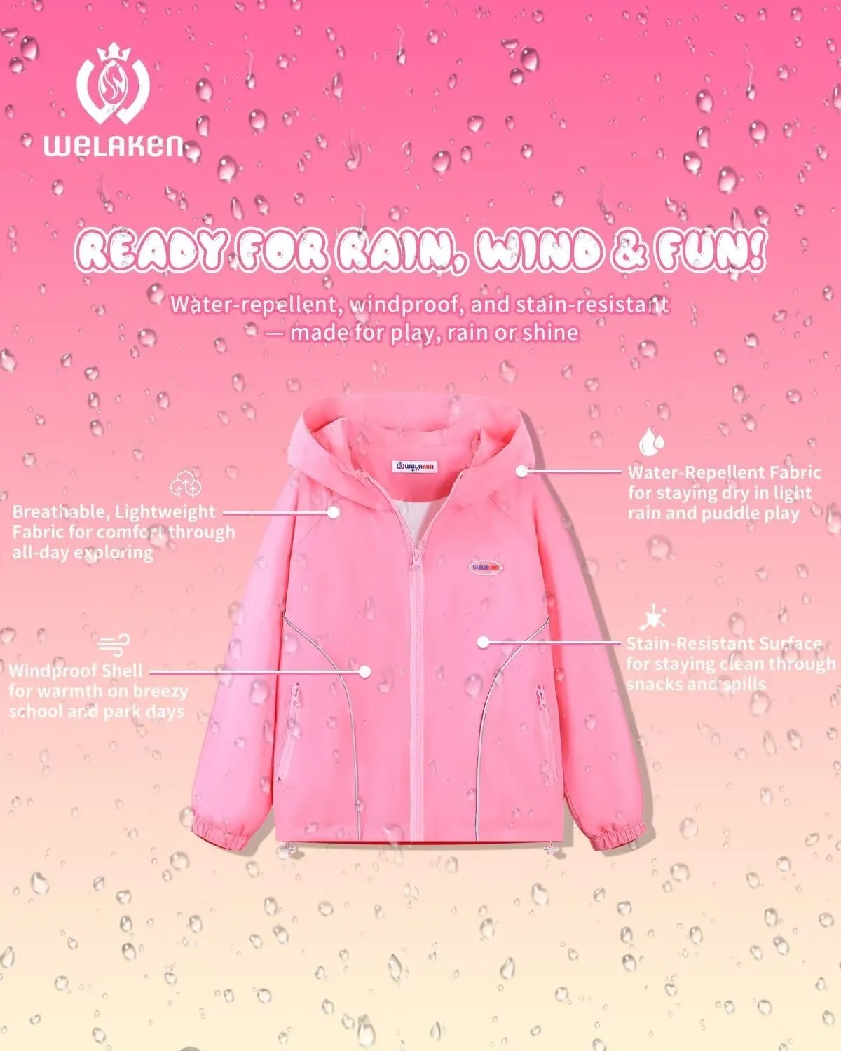 WELAKEN Girls Lightweight Jacket Water-Resistant Windbreaker Hooded Rain Coats with Pockets