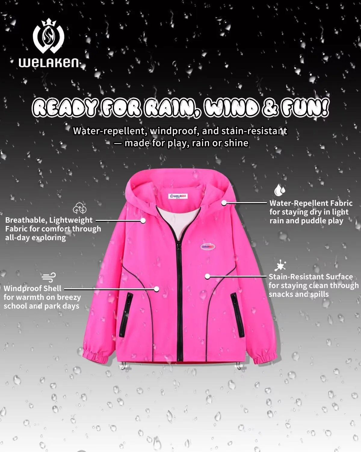 WELAKEN Girls Lightweight Jacket Water-Resistant Windbreaker Hooded Rain Coats with Pockets