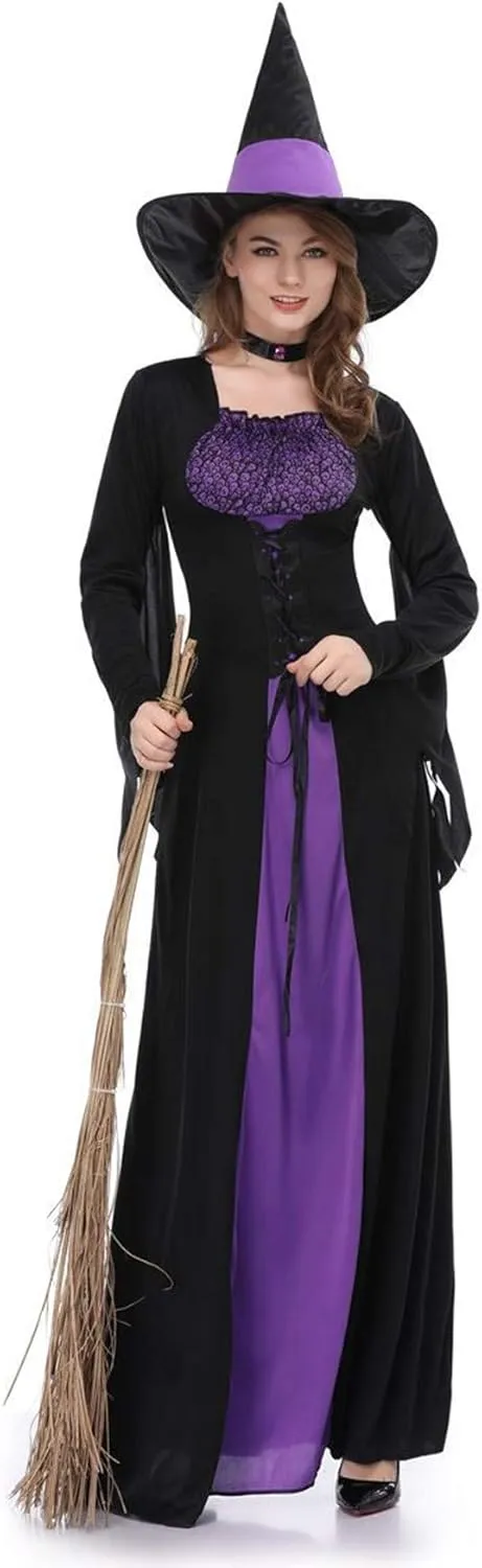 Women Halloween Costumes Wicked Witch Cloak with Hat Dress,Purple Long Sorceress Classic Dress