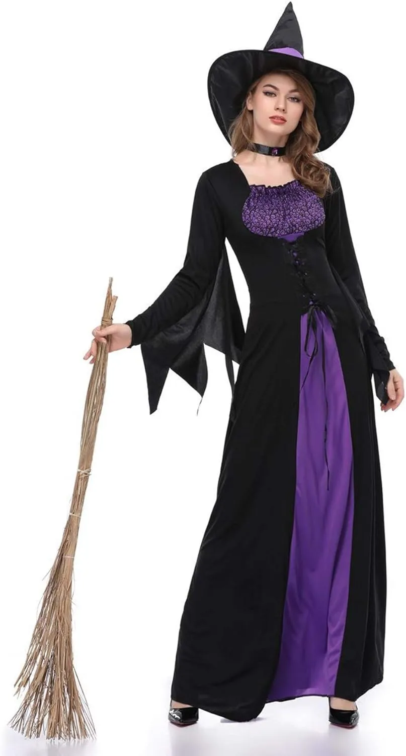 Women Halloween Costumes Wicked Witch Cloak with Hat Dress,Purple Long Sorceress Classic Dress