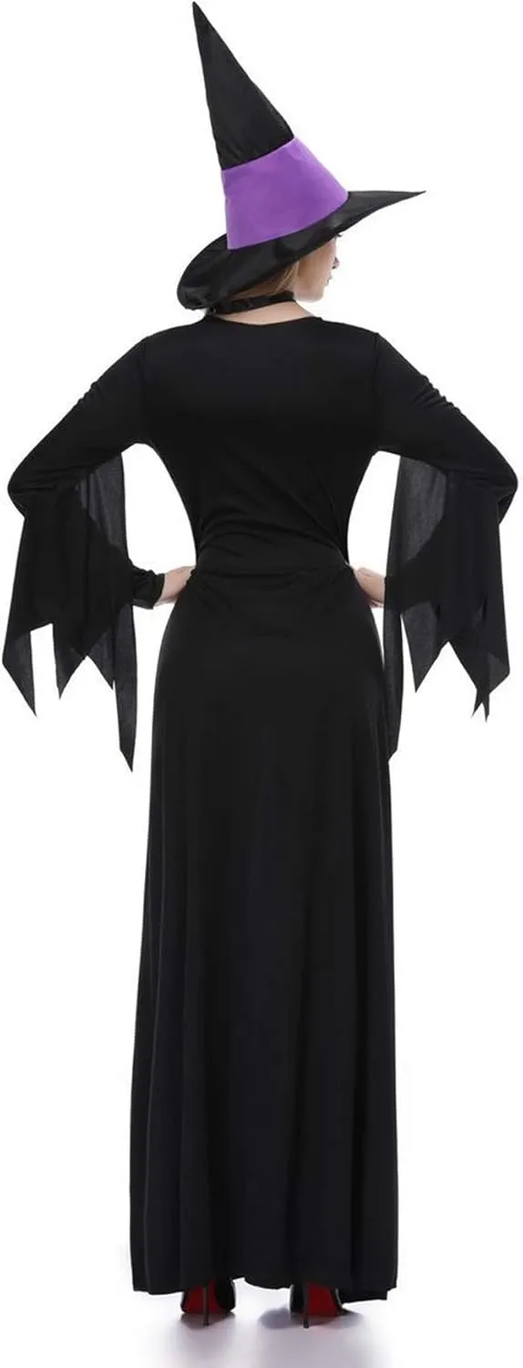 Women Halloween Costumes Wicked Witch Cloak with Hat Dress,Purple Long Sorceress Classic Dress