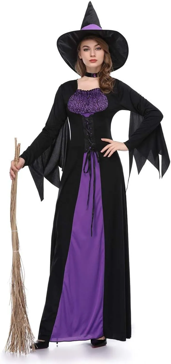Women Halloween Costumes Wicked Witch Cloak with Hat Dress,Purple Long Sorceress Classic Dress