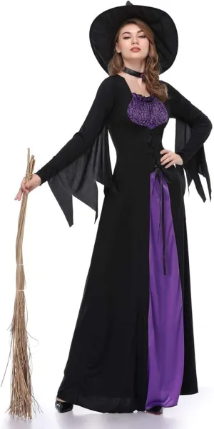 Women Halloween Costumes Wicked Witch Cloak with Hat Dress,Purple Long Sorceress Classic Dress