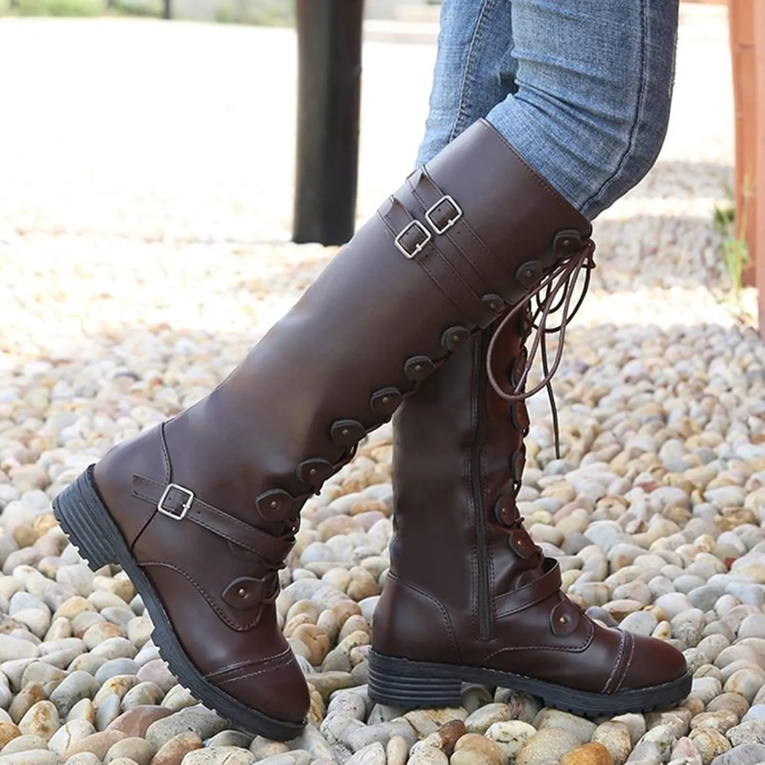 Women Knee High Combat Boots Chunky Heel Boots for Women Fashionable Thigh High Lace up Over the Knee Military Boots