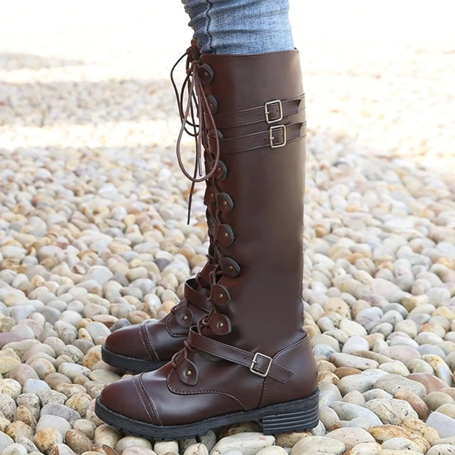 Women Knee High Combat Boots Chunky Heel Boots for Women Fashionable Thigh High Lace up Over the Knee Military Boots