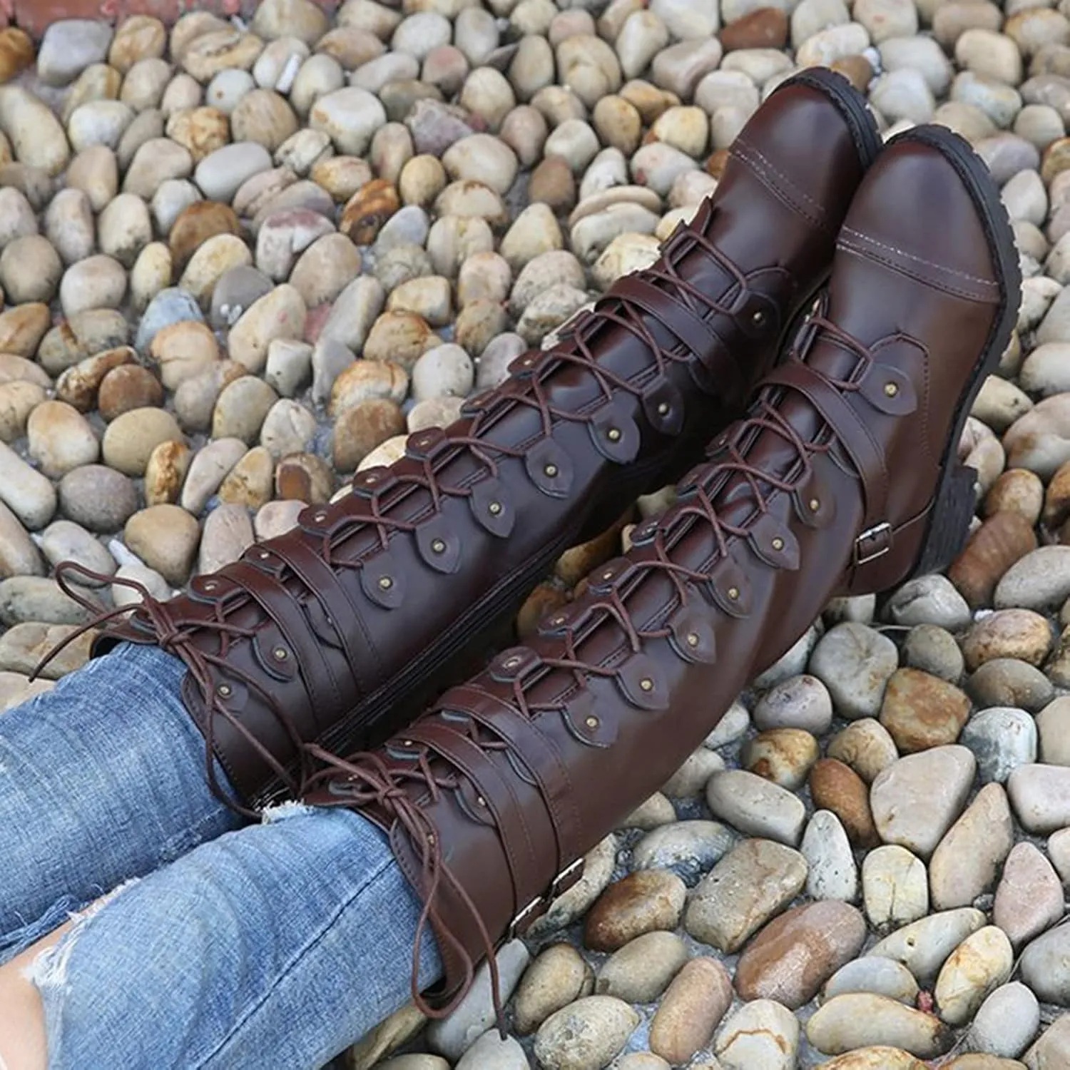 Women Knee High Combat Boots Chunky Heel Boots for Women Fashionable Thigh High Lace up Over the Knee Military Boots