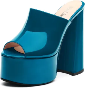 Women's 6 Inch Platform Heels Slip On Mules Sandals Open Peep Toe Sexy Chunky High Block Heels for Club Party Dressy Shoes