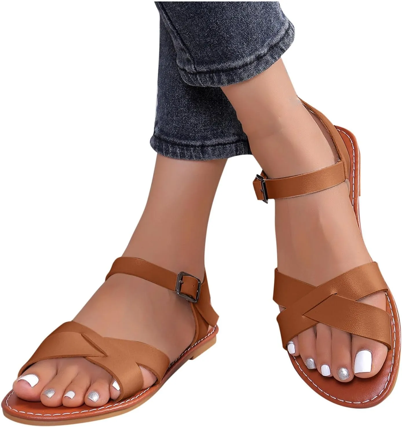 Women's Criss Cross Gladiator Sandals Dressy Summer Cute Ankle Strap Open Toe Flat Shoes Comfort Casual Fashion Ankle Sole Sandal