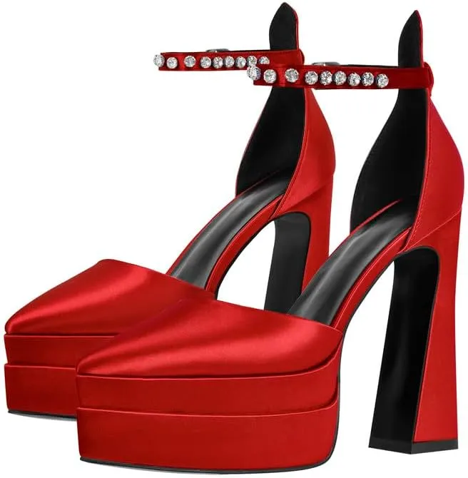Women??s Double High Chunky Platform Pointed Closed Toe Chunky Heels Ankle Strap Rhinestone Pumps Shoes for Dress Wedding Party