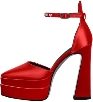 Women??s Double High Chunky Platform Pointed Closed Toe Chunky Heels Ankle Strap Rhinestone Pumps Shoes for Dress Wedding Party