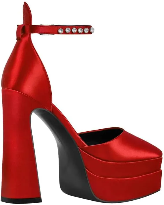 Women??s Double High Chunky Platform Pointed Closed Toe Chunky Heels Ankle Strap Rhinestone Pumps Shoes for Dress Wedding Party