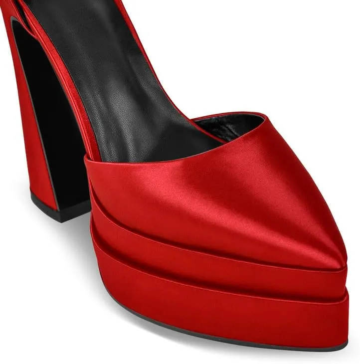 Women??s Double High Chunky Platform Pointed Closed Toe Chunky Heels Ankle Strap Rhinestone Pumps Shoes for Dress Wedding Party