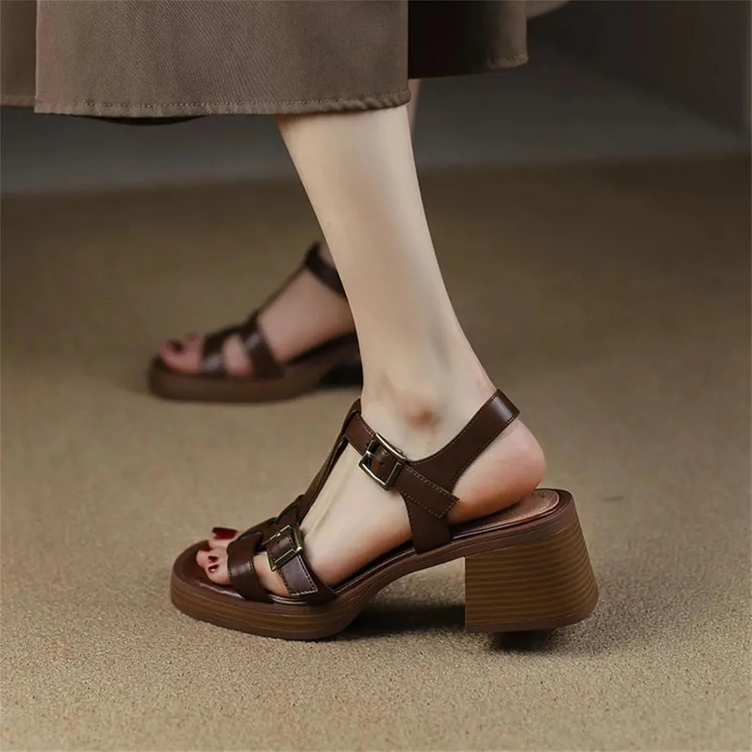 Women's Gladiator Sandals - 2025 Summer Vintage Buckle T-Strap, Thick Heels Casual Working