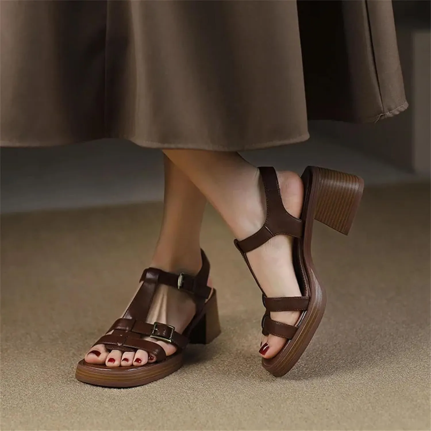 Women's Gladiator Sandals - 2025 Summer Vintage Buckle T-Strap, Thick Heels Casual Working