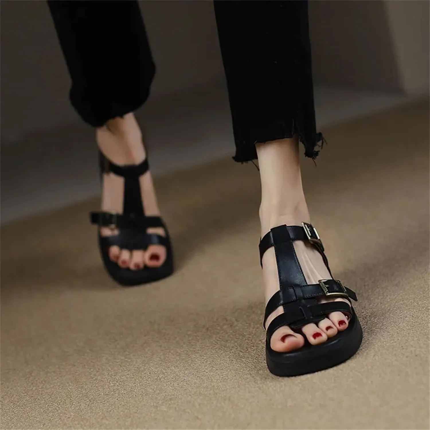 Women's Gladiator Sandals - 2025 Summer Vintage Buckle T-Strap, Thick Heels Casual Working